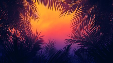 Obraz premium Silhouette Palm Fronds Frame Tropical Sunset Sky