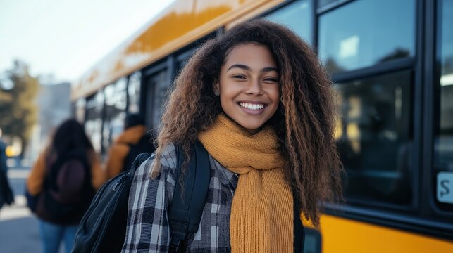 Student with curly hair near school bus. Education lifestyle portrait