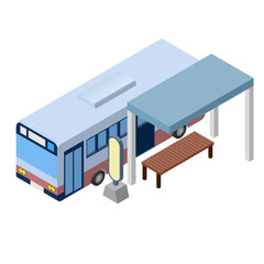 バス停にバスが止まっているアイソメトリックイラスト、左面法。主線なし。