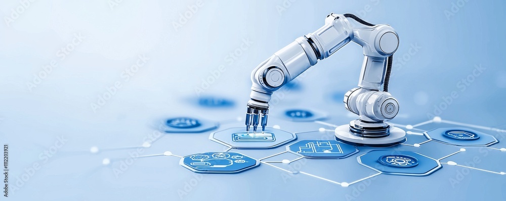 Poster automated ai robots and robotic arms are used in factory production, representing the stock concept 