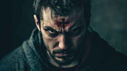 A man with the mark of the beast on his forehead. 666 the number of the beast. Biblical prophecy where no man or woman can buy or sell if they don't have the mark of the beast embedded in the forehead