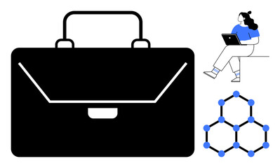 Business briefcase, person working remotely on laptop, and a molecular structure. Ideal for business, remote work, technology, education, chemistry, research, and office environments. Line metaphor