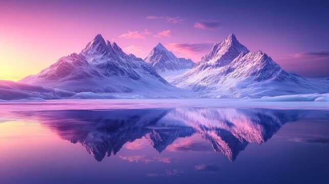 Majestic snowcapped mountains reflect in a tranquil lake at sunset