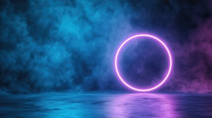 Purple neon circle with reflection on blue water surface. Futuristic design concept