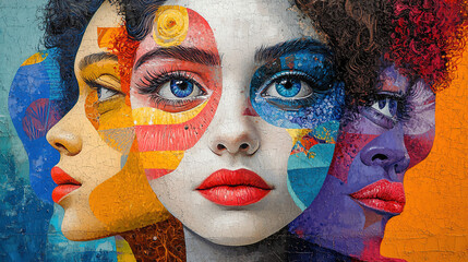 Obraz premium Colorful mural featuring three vibrant faces with distinct styles representing diverse emotions and cultural backgrounds. Generative AI