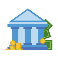 Bank building, bills and coins. Vector simple color flat illustration.