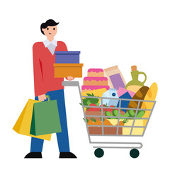 Man with shopping and gifts. Packages and boxes. Trolley with products. Vector simple color flat illustration.
