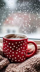 Fototapeta premium Hot Tea with Raindrops on Window Pane