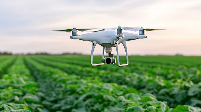 In a bright day, a smart agriculture system employs automated farming equipment and precision farming technology, promoting sustainable practices as drones monitor a lush field.