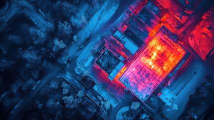 Aerial view of industrial site with thermal imaging at night