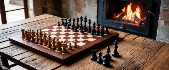 A cozy setup featuring a chess game on a rustic table by a warm fireplace