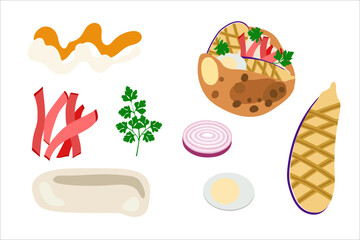 Sabich. Ingredients and final meal. Vector simple color flat illustration.