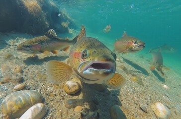 Obraz premium Underwater Scene of Colorful Rainbow Trout Swimming in Clear Blue Water, Close-Up View with Pebbles and Sunlight Filtering Through Surface