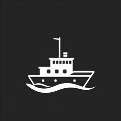 Naklejka premium Simple Line Drawing of a Fishing Boat on the Waves on black background 