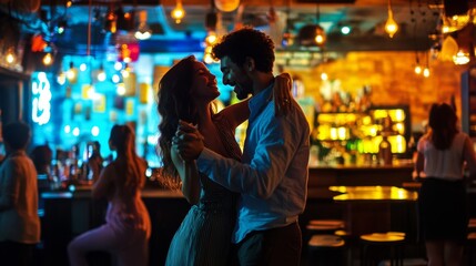 Fototapeta premium Couple Dancing in a Vibrant Nightclub