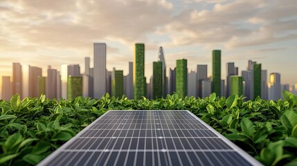 Fototapeta premium Solar panel with greenery against an urban skyline during sunset.