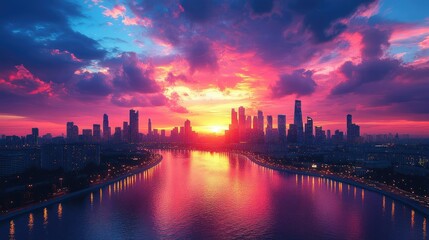 Fototapeta premium Vibrant cityscape sunrise with river reflection.