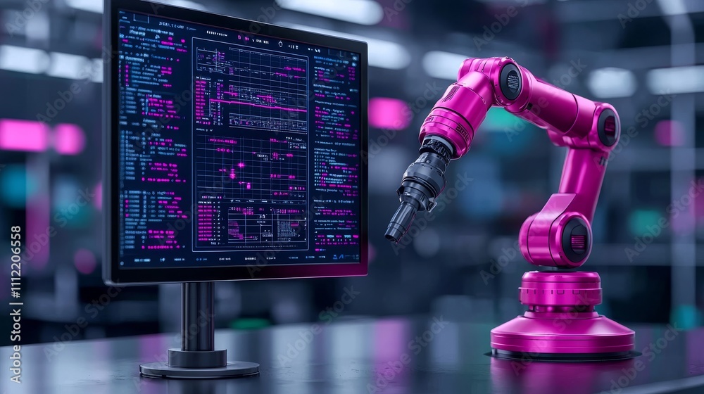 Poster digital tablets and computers are used to control robots in a smart factory, embodying the smart ind