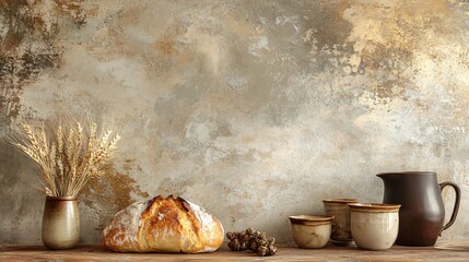 Artisan bread loaf with a golden crust, styled with wheat stalks and vintage kitchenware on a wooden table