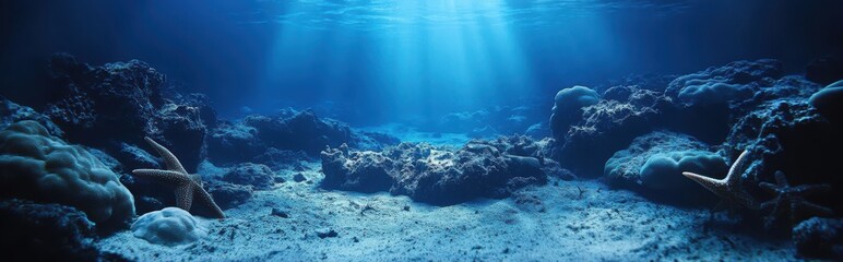 Obraz premium Underwater Scene with Brilliant Sunlight Filtering Through Ocean Surface Illuminating Coral Reefs and Marine Life in a Tranquil Environment