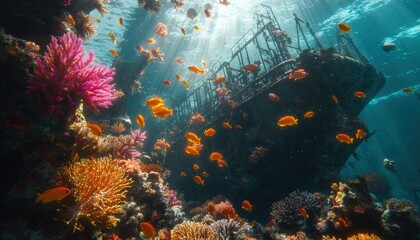 Fototapeta premium Underwater Scene with Colorful Coral Reefs and Sunlight Shining on a Shipwreck Surrounded by Tropical Fish in a Vibrant Marine Ecosystem