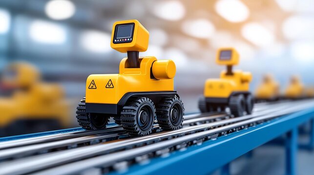 In an industrial automated factory, a yellow robotic arm highlights the future of manufacturing and automation.