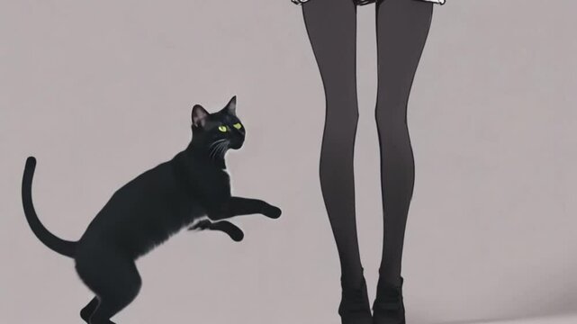 Curious Black Cat and Mysterious Figure Silhouette