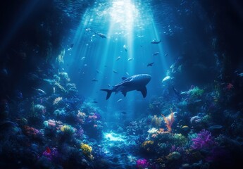 Underwater Scene with Shark Gliding Through Vibrant Coral Reef and Sunlight Filtering Through the Ocean Surface in a Mystical Marine Environment