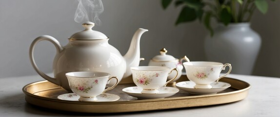Fototapeta premium A steaming teapot with elegant china cups, perfect for afternoon tea gatherings