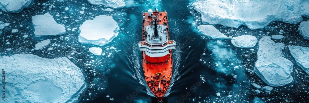 Aufkleber red icebreaker ship cuts through icy waters, surrounded by vast glaciers and floating icebergs in a 