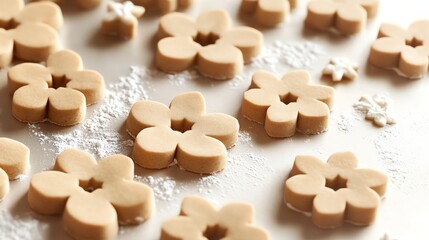 A close-up of cut out sugar cookie dough in the shape of a flower with a hole in the middle.