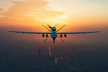 Military drone drone in the air over a modern city. The drone is patrolling. Beautiful sunset lighting