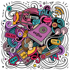 Audio content cartoon doodles illustration. Creative funny vector background. Podcasts, audiobooks, radio symbols, elements and objects