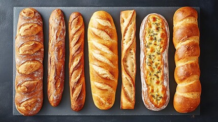 Flat lay of different types of homemade bread, including baguettes and focaccia, styled on a slate background