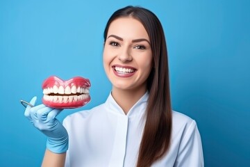 Woman doctor dentist orthodontist holds a model of teeth on blue background. Dentures, model with ideal teeth, medical dental treatment, prosthetics
