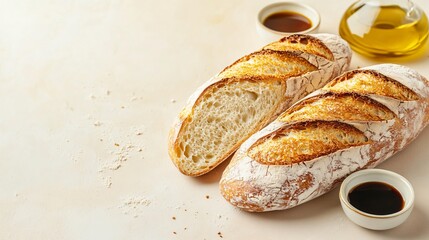 Isolated artisan bread with a crunchy crust on a pastel beige background, styled with small bowls of olive oil and balsamic vinegar