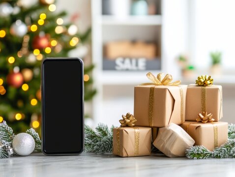 Digital Christmas tech ad futuristic gadgets with SALE icons