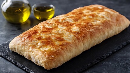 Isolated ciabatta bread with a textured crust, styled on a dark slate background with a drizzle of olive oil