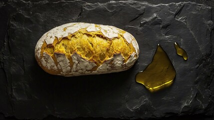 Isolated ciabatta bread with a textured crust, styled on a dark slate background with a drizzle of olive oil