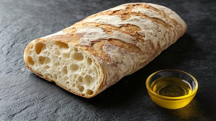 Isolated ciabatta bread with a textured crust, styled on a dark slate background with a drizzle of olive oil