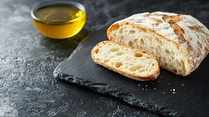 Isolated ciabatta bread with a textured crust, styled on a dark slate background with a drizzle of olive oil