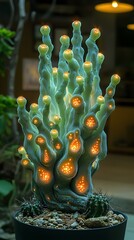 Fantasy glowing cactus sculpture with surreal shapes and lights