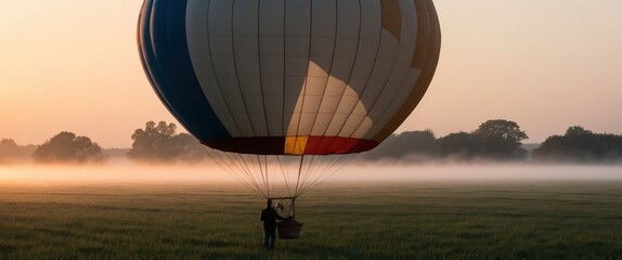 Obraz premium Vintage hot air balloon envelope inflating at dawn, evoking adventure and exploration