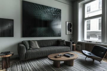 scandinavian interior design, create a cozy yet elegant scandinavian living space with a textured gray sofa, light wooden accents, and curated art pieces