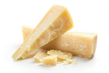 Hard cheese Parmesan isolated on white background. Cut pieces of cheese for your design, advertising, layout. Delicious aromatic healthy cheese, food