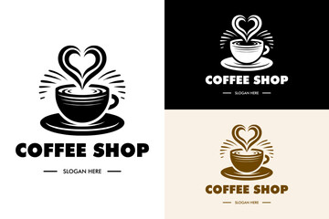 coffee cup, heart, plate, cappuccino, coffee shop logo, drinks, tea shop, vector illustration