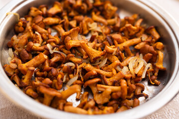 Delicious fried chanterelles in a frying pan