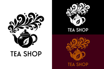 Fototapeta premium kettle, teapot, tea shop logo, leaves, illustration, vector, logo design