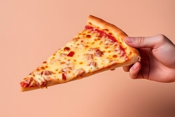 Human hand holding tasty juicy slice of Italian pizza on beige background. Delicious pizza with cheese, salami, tomatoes, hot food, snack