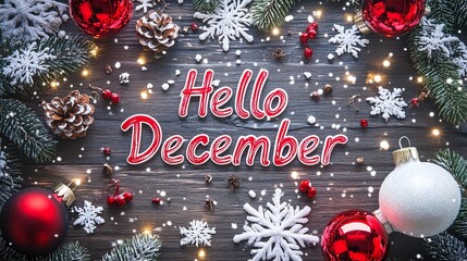 Christmas decorations with the text "Hello December" written on a wooden background, featuring a color theme of red and white Generative AI